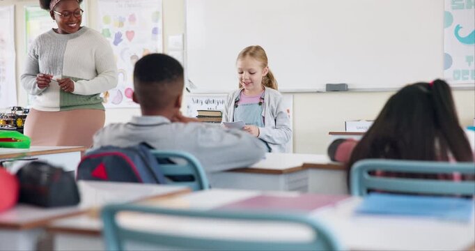 School, learning and child with presentation in classroom for lesson, education and oral assessment. Teacher, students and kids listen to girl for public speaking, speech development or show and tell