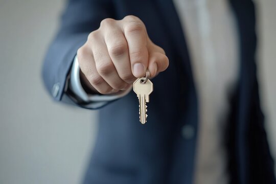 Realtor agent is a realtor with keys in hand against the background of a white real estate room apartment home , ai