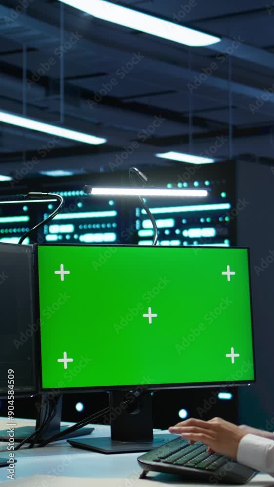 Poster vertical video system administrator in data center installing software on green screen computer, tro
