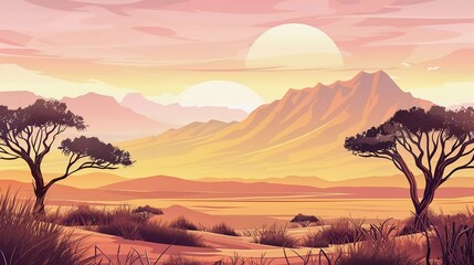 frican landscape with tree silhouette. Savanna sunset background is very beautiful