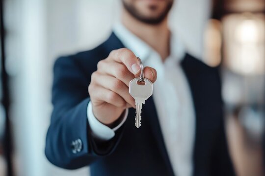 Realtor agent is a realtor with keys in hand against the background of a white real estate room apartment home, ai