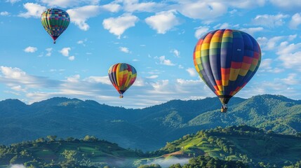 Naklejka premium Hot Air Balloons Soaring Over Mountains