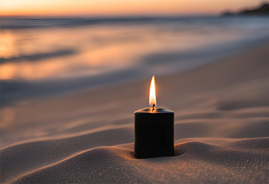 Vela preta acesa na praia, ao por do sol.