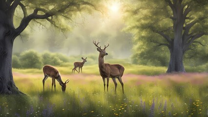 tranquil meadow with deer grazing peacefully, surrounded by trees and wildflowers