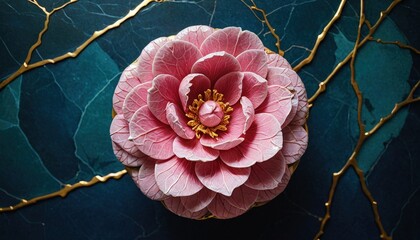 Pink Flower on Teal and Gold Background.