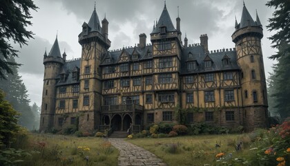 Fototapeta premium Old Castle with Stone Path and Flower Garden.