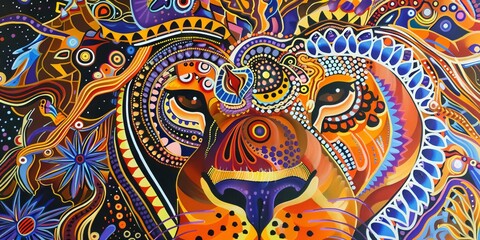 Fototapeta premium An surreal dreamlike illustration of a lion with colorful swirls and shapes.