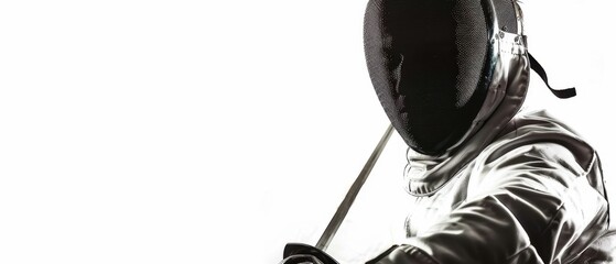 A fencer in full gear including a mask and sword, poised for action during a fencing match. The background is pure white, emphasizing the athlete.