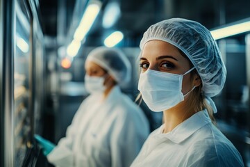 Technologists inspector in masks at food factory , ai