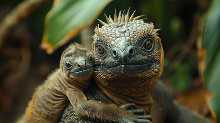 Fototapeta premium Close-Up of Green Iguana Carrying Baby on Its Back in Wildlife