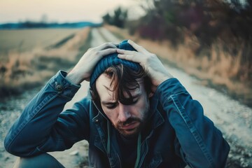Young Man Wearing Beanie Sits on Roadside in Rural Setting at Dusk