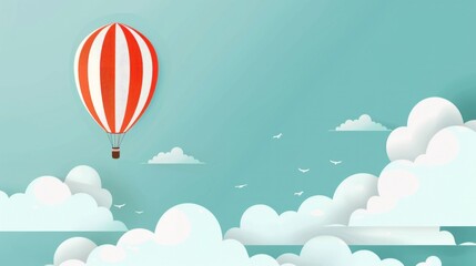 Fototapeta premium Travel adventure red and white hot air balloon flying through clouds and birds in the sky