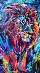 An surreal dreamlike illustration of a lion with colorful swirls and shapes.