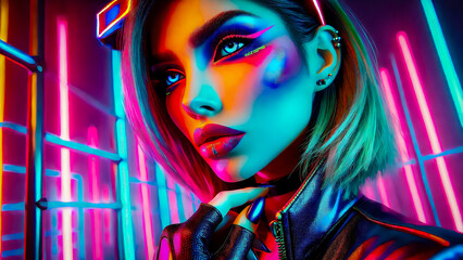 Obraz premium Cyberpunk Beauty: Woman Illuminated by Neon Lights in Futuristic Setting