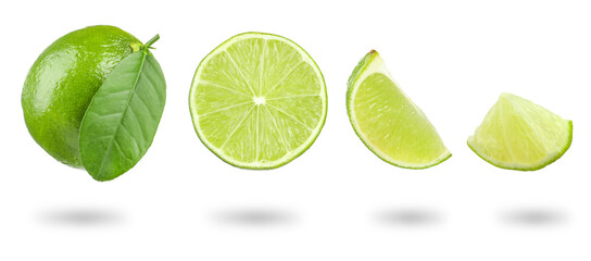 Fresh lime isolated on white, collage. Whole, half and slices