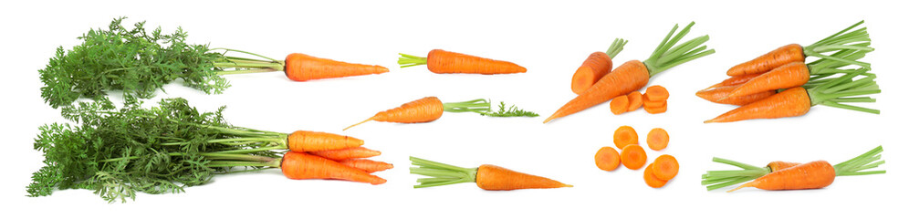 Set of fresh ripe carrots isolated on white