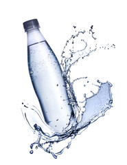 Bottle of water and splashes in air on white background