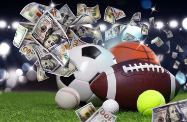 Money flying from different sports balls on stadium