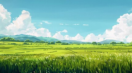 Fototapeta premium View of a flat green field landscape of very beautiful natural beauty on a sunny day