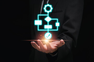 A businessman presenting a glowing digital workflow diagram, symbolizing efficient business...