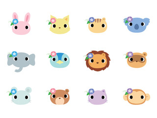 アサガオの飾りをつけた動物の顔　アイコンセット