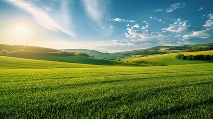 View of a flat green field landscape of very beautiful natural beauty on a sunny day