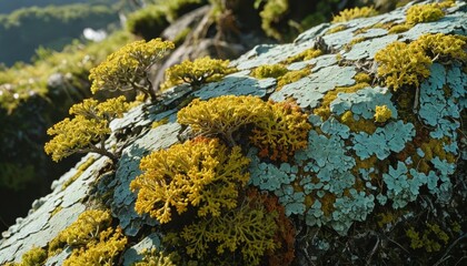 Closeup of yellow and green lichen on rock.