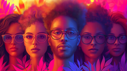 Diverse team, different skin colors, various genders, inclusive teamwork, collaboration, vibrant office, creative environment