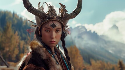 A young female shaman with a thoughtful expression on her face, wearing a headdress intricately decorated with animal horns and geometric patterns