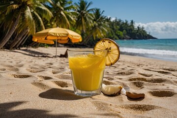 A photo of a coconut drink with a yellow drink umbrella on a sandy beach at noon