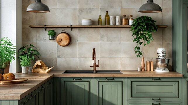 Interior design kitchen with copper colored faucet and sink, wooden countertop and tiled backsplash