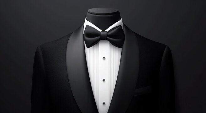 Black tuxedo with a white shirt and bow tie on a dark background vector illustration