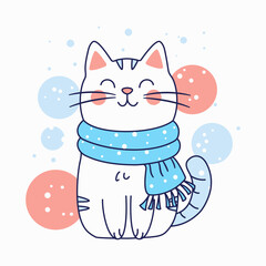Cute Cat Cartoon Wearing Blue Scarf in Snow Winter Season with Smile Expression