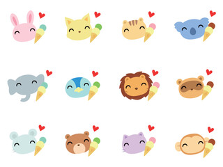 アイスクリームと動物の顔　アイコンセット