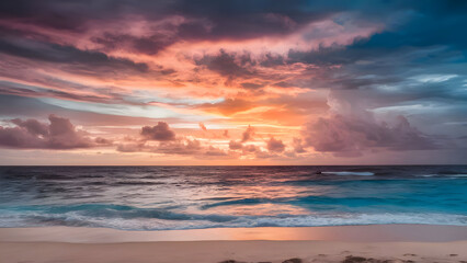 Obraz premium Beautiful majestic golden sunrise sky with yellow sunlight and motion blur of flowing sea surface in the morning,