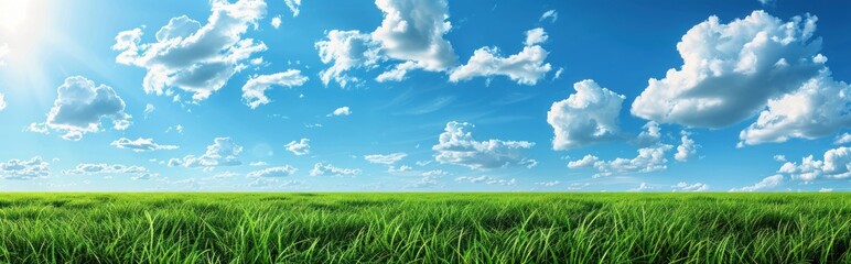 Fototapeta premium Green Grass Field Under a Blue Sky with White Clouds