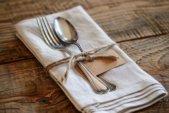 A silver fork and spoon are tied together with a string and placed on a white napkin
