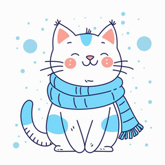 Cute Cat Cartoon Wearing Blue Scarf in Snow Winter Season with Smile Expression