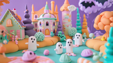 Fototapeta premium Halloween-themed DIY project with a pastel candy land theme. Show off foam clay candies, lollipops, and ghost-like decorations in a playful and cute setting.