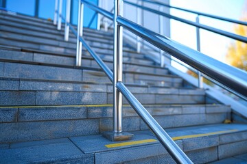 A staircase with a railing and yellow lines. The railing is made of metal and the steps are made of stone