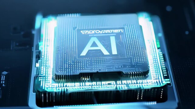 AI glowing microchip colorful computer chip processor computation power machine learning silicon hi-tech powerful imagination creativity tech technological computing progress development technology