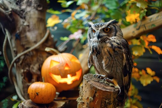 Majestic Owl Perched on a Log Next to Fool-Proof Pumpkin During Autumn Celebration