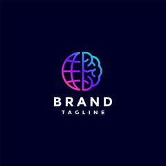 Fototapeta premium Simple Brain Map Lines Logo Design. Globe And Brain Simple Line Symbol Logo Design.