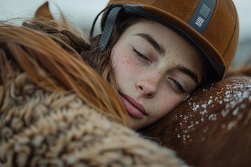 Young Girl in Riding Gear and Helmet Leaning Over Horse's Back for a Nap During Competition, Close-Up Portrait with Copy Space on Right Side

