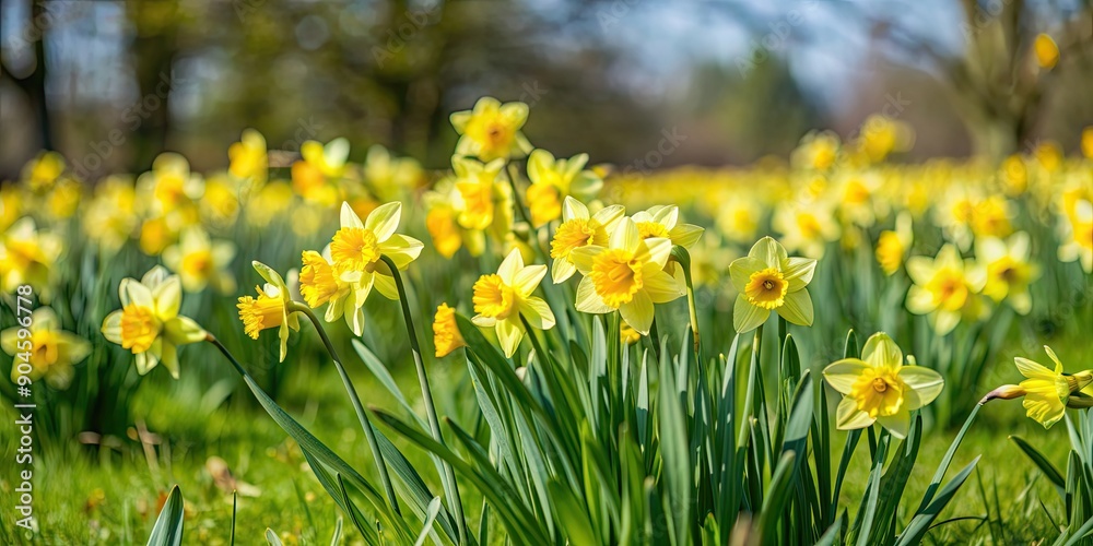 Canvas Prints Wild daffodils blooming in a field during early spring, wildflowers, daffodils, springtime, nature, yellow, petals, blooming