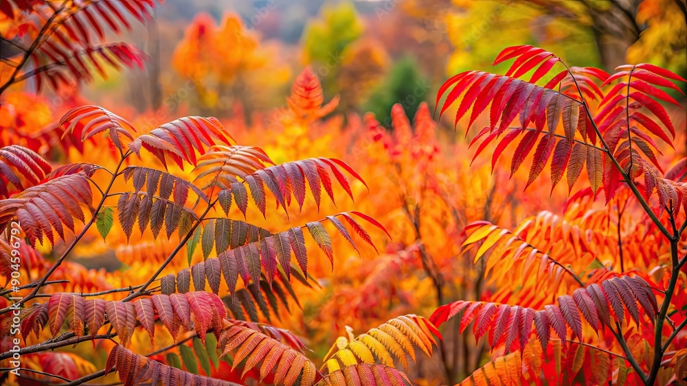 Wall mural Vibrant autumn foliage on sumac trees in a forest , fall colors, vibrant, leaves, autumn, foliage, nature, seasonal, trees, red