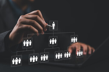 Business workflow process management concept. Workflow automation system with data diagram of the hierarchical structure of departments in business organization. digital transformation.