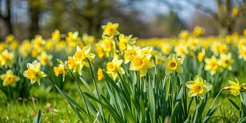 Obraz premium Wild daffodils blooming in a field during early spring, wildflowers, daffodils, springtime, nature, yellow, petals, blooming
