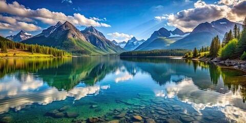 Serene lake surrounded by majestic mountains, nature, landscape, scenic, water, reflection, peaceful, tranquil, outdoor, adventure
