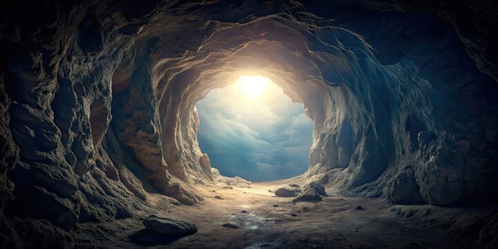 Mysterious and dark cave interior with light shining through a ceiling cave in, cave, interior, mysterious, dark